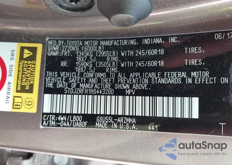 2017 Toyota Highlander Se/Xle from USA, damaged, VIN 5TDJZRFH1HS443200